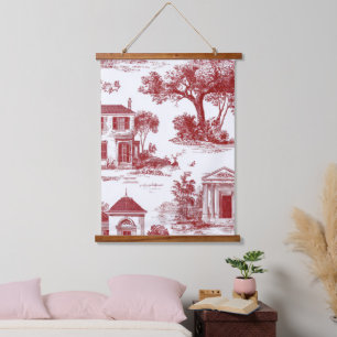 Red Farmhouse Toile Scenic Tree Pattern Hanging Tapestry