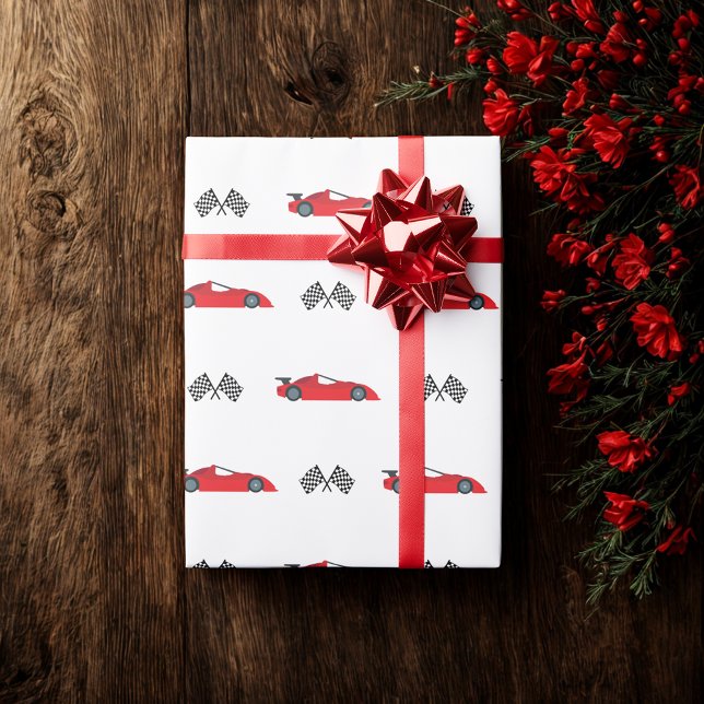 Red Fast one retro race car chequered flags racing Wrapping Paper (Creator Uploaded)