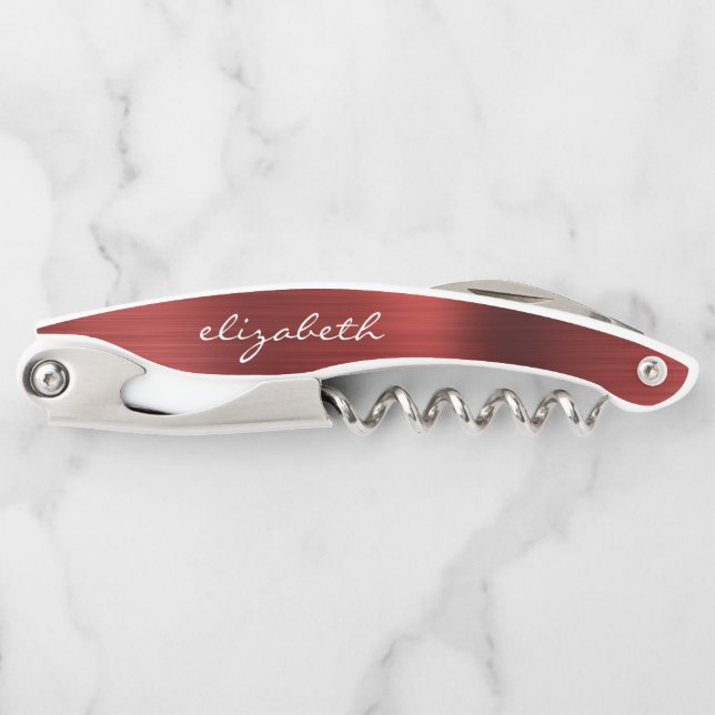 Red Faux Brushed Metal Personalized Script Corkscrew (Front)