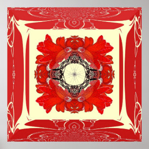 Red Faux Frame Fractal Flower Poster