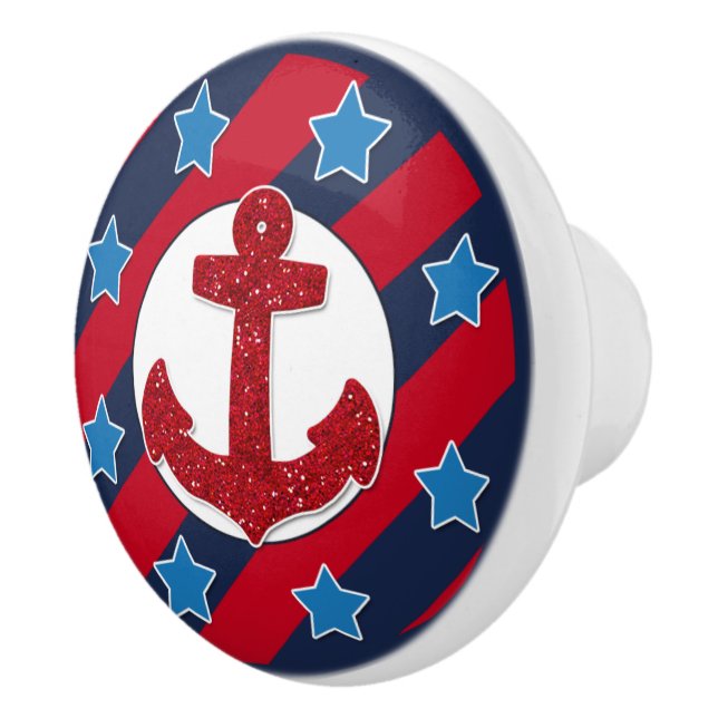 Red Faux Glitter Anchor | Nautical Ceramic Knob (Right)