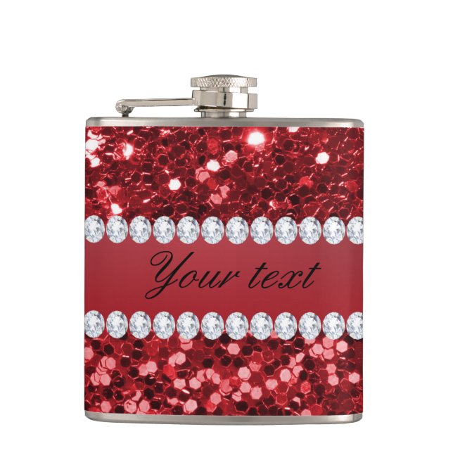 Red Faux Glitter and Diamonds Hip Flask (Front)