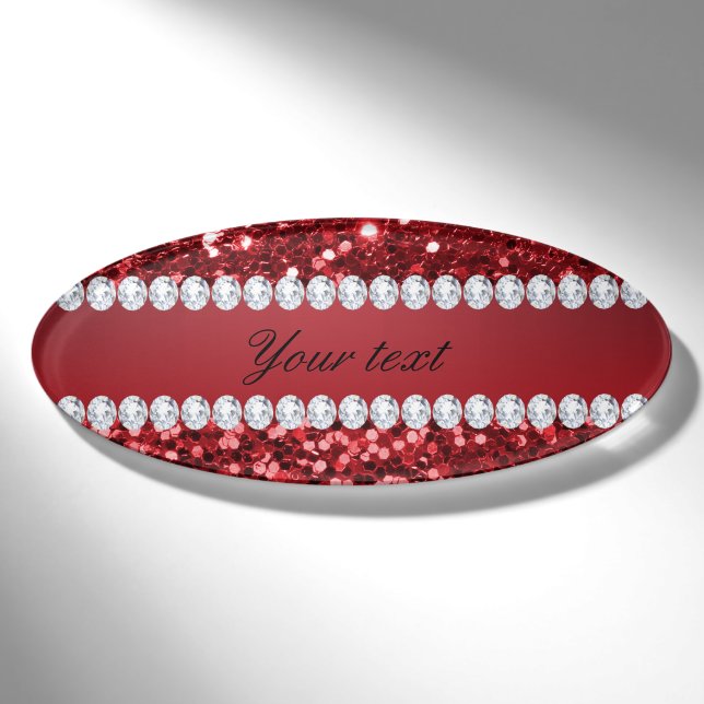 Red Faux Glitter and Diamonds Name Tag (Front)