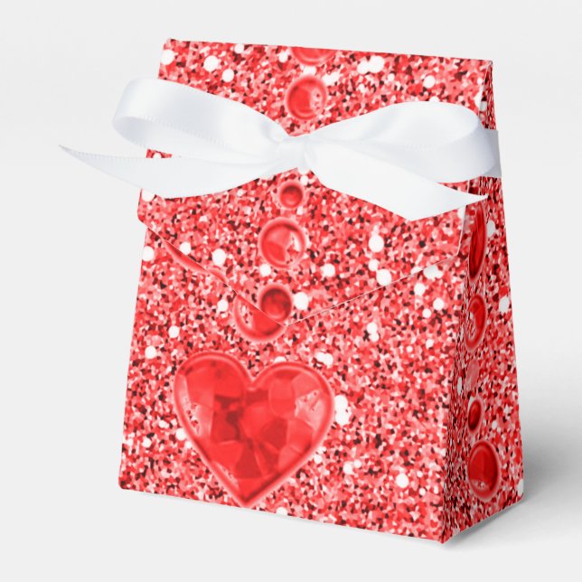 Red Faux Glitter & Heart Droplets Favor Box (Front Side)