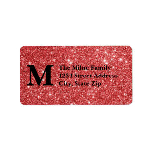 Red Faux Glitter Monogram Address Labels