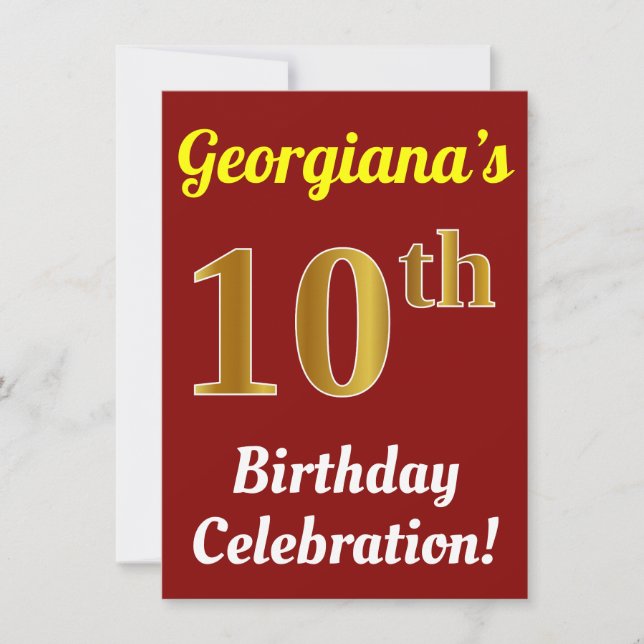 Red, Faux Gold 10th Birthday Celebration + Name Invitation (Front)