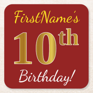 Red, Faux Gold 10th Birthday + Custom Name Square Paper Coaster
