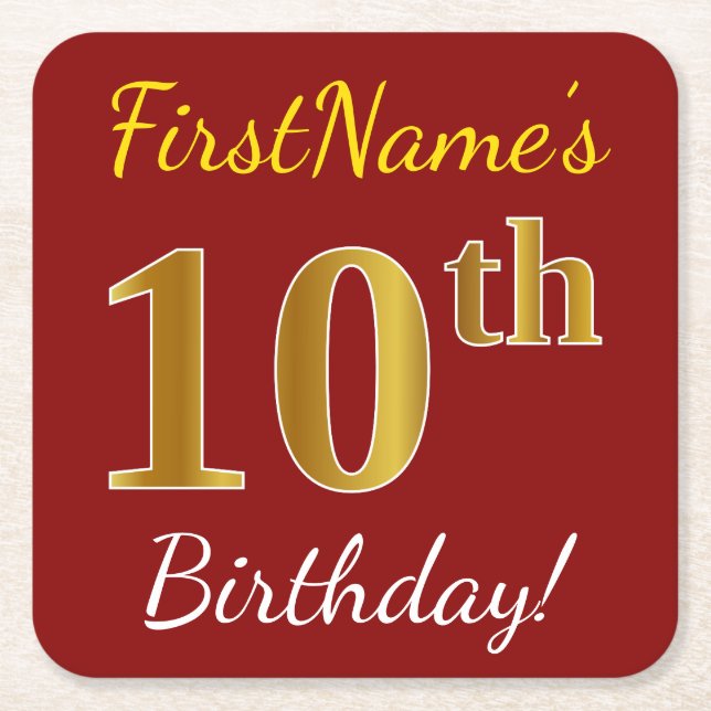 Red, Faux Gold 10th Birthday + Custom Name Square Paper Coaster (Front)
