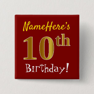 Red, Faux Gold 10th Birthday, With Custom Name 2 Inch Square Button