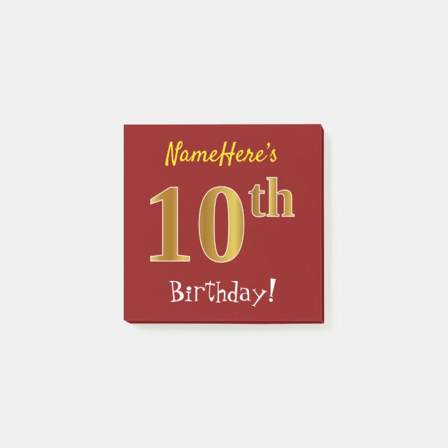 Red, Faux Gold 10th Birthday, With Custom Name Post-it Notes (Front)