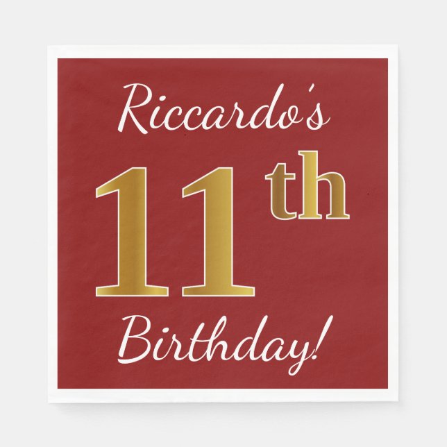 Red, Faux Gold 11th Birthday + Custom Name Napkin (Front)