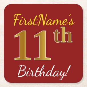 Red, Faux Gold 11th Birthday + Custom Name Square Paper Coaster