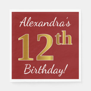 Red, Faux Gold 12th Birthday + Custom Name Napkin