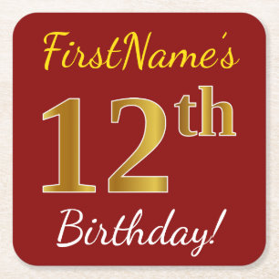 Red, Faux Gold 12th Birthday + Custom Name Square Paper Coaster