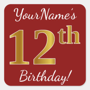 Red, Faux Gold 12th Birthday + Custom Name Sticker