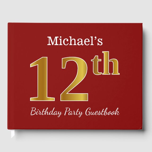 Red, Faux Gold 12th Birthday Party + Custom Name Guest Book (Front)