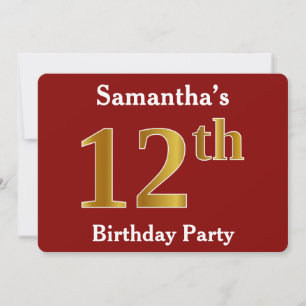 Red, Faux Gold 12th Birthday Party + Custom Name Invitation