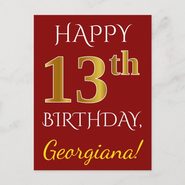 Red, Faux Gold 13th Birthday + Custom Name Postcard (Front)