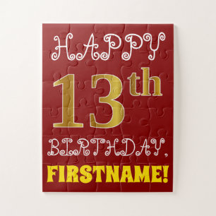 Red, Faux Gold 13th Birthday + Custom Name Puzzle