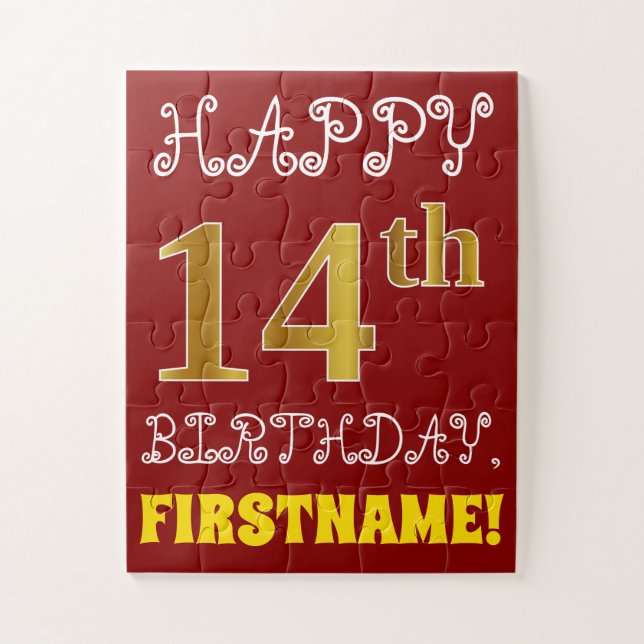 Red, Faux Gold 14th Birthday + Custom Name Puzzle (Vertical)