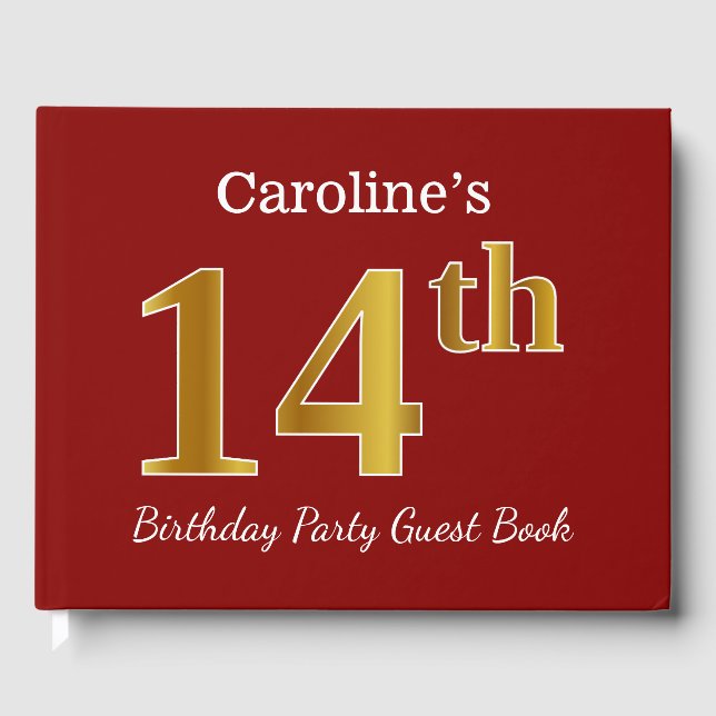 Red, Faux Gold 14th Birthday Party + Custom Name Guest Book (Front)