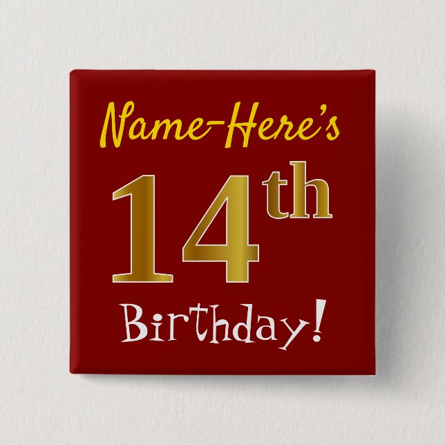 Red, Faux Gold 14th Birthday, With Custom Name 2 Inch Square Button (Front)