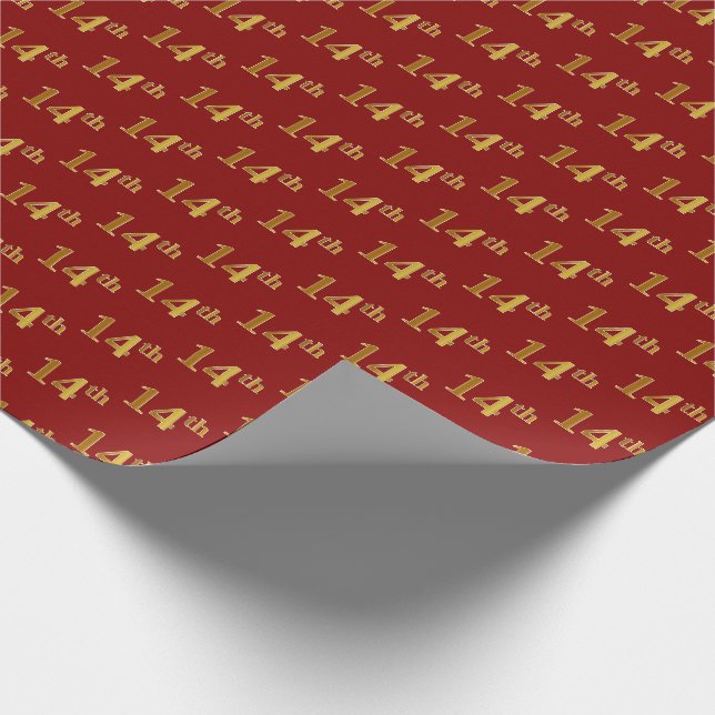 Red, Faux Gold 14th (Fourteenth) Event Wrapping Paper (Corner)