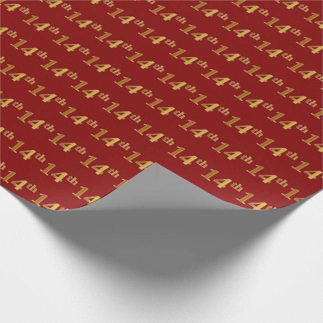 Red, Faux Gold 14th (Fourteenth) Event Wrapping Paper (Corner)