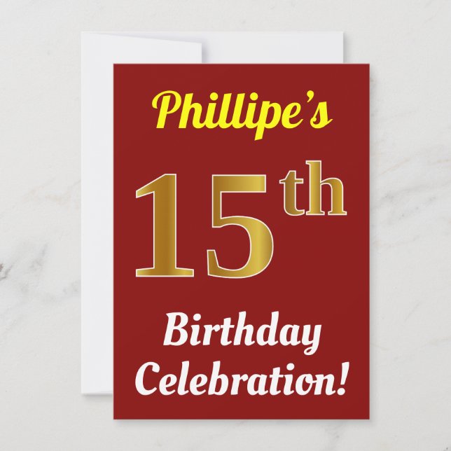 Red, Faux Gold 15th Birthday Celebration + Name Invitation (Front)