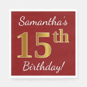 Red, Faux Gold 15th Birthday + Custom Name Napkin