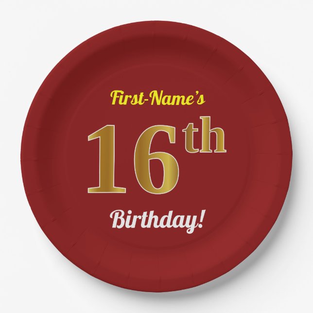 Red, Faux Gold 16th Birthday + Custom Name Paper Plate (Front)