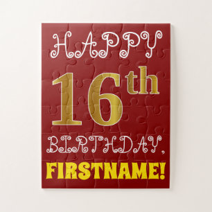 Red, Faux Gold 16th Birthday + Custom Name Puzzle