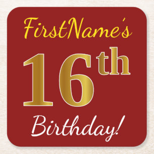 Red, Faux Gold 16th Birthday + Custom Name Square Paper Coaster