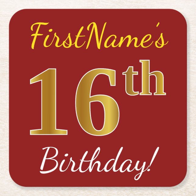 Red, Faux Gold 16th Birthday + Custom Name Square Paper Coaster (Front)