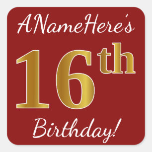 Red, Faux Gold 16th Birthday + Custom Name Sticker