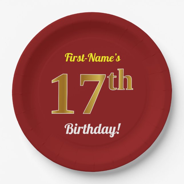 Red, Faux Gold 17th Birthday + Custom Name Paper Plate (Front)