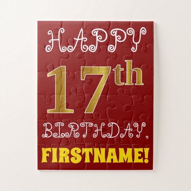 Red, Faux Gold 17th Birthday + Custom Name Puzzle (Vertical)