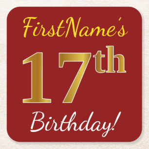 Red, Faux Gold 17th Birthday + Custom Name Square Paper Coaster