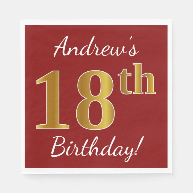 Red, Faux Gold 18th Birthday + Custom Name Napkin (Front)