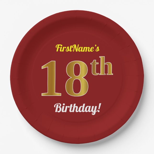 Red, Faux Gold 18th Birthday + Custom Name Paper Plate (Front)
