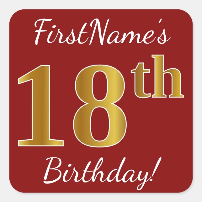 Red, Faux Gold 18th Birthday + Custom Name Sticker (Front)