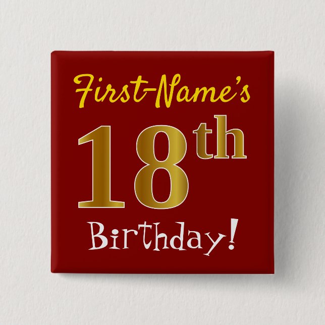 Red, Faux Gold 18th Birthday, With Custom Name 2 Inch Square Button (Front)
