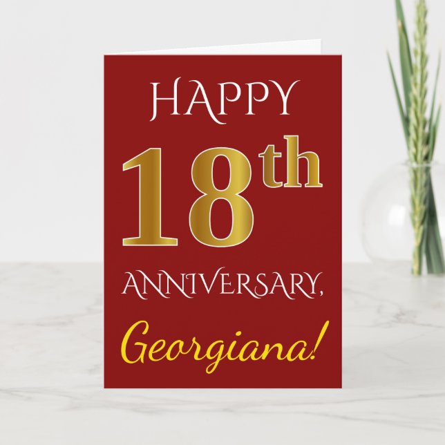 Red, Faux Gold 18th Wedding Anniversary + Name Card (Front)