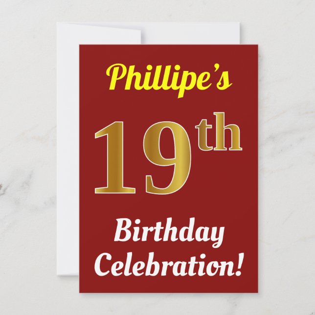 Red, Faux Gold 19th Birthday Celebration + Name Invitation (Front)
