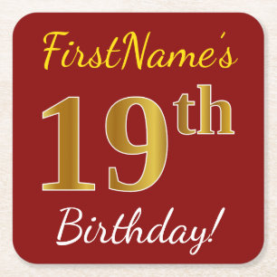 Red, Faux Gold 19th Birthday + Custom Name Square Paper Coaster