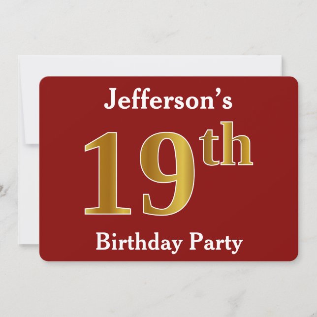 Red, Faux Gold 19th Birthday Party + Custom Name Invitation (Front)