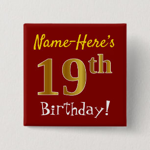 Red, Faux Gold 19th Birthday, With Custom Name 2 Inch Square Button
