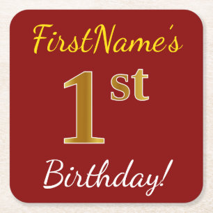 Red, Faux Gold 1st Birthday + Custom Name Square Paper Coaster