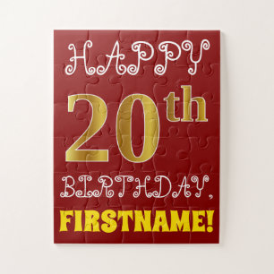 Red, Faux Gold 20th Birthday + Custom Name Puzzle