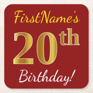 Red, Faux Gold 20th Birthday + Custom Name Square Paper Coaster